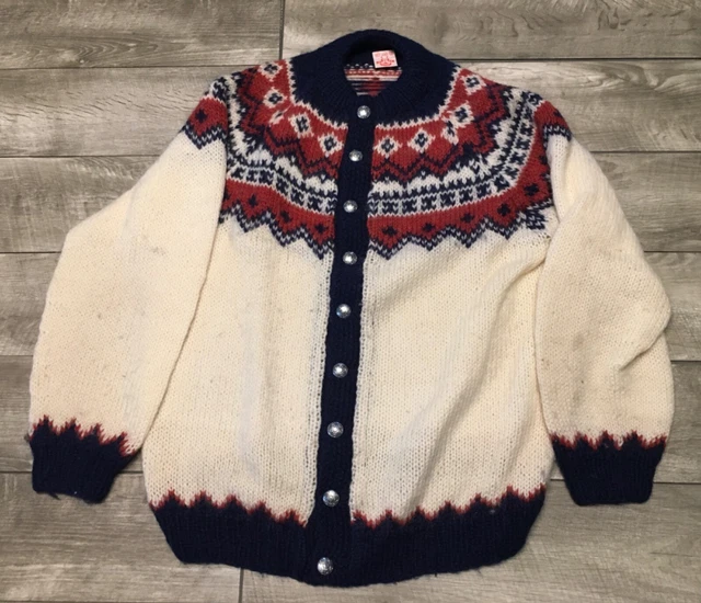 Icelandic Vtg Hand Knit Wool Abstract Pattern Sweater Metal Button Cardigan LG