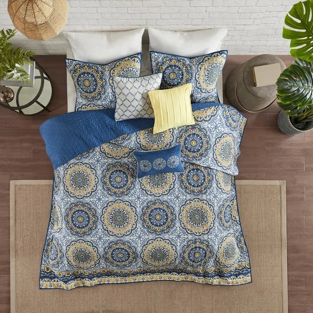 New! ~ Beautiful Tropical Blue Yellow White Southwest Beach Teal Aqua Quilt Set