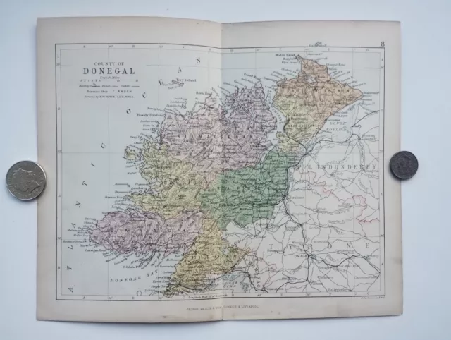 Antique County Map of DONEGAL , Ireland - Phillips Handy Atlas , 1882