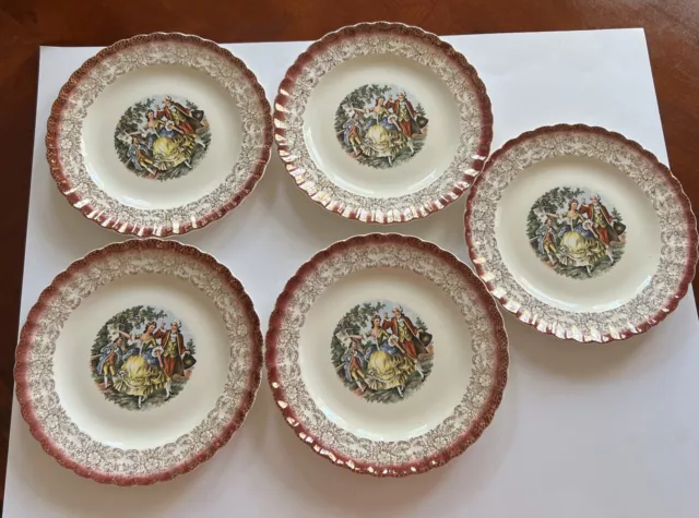 Set of 5 Sebring Pottery Co. Chantilly 22K Gold - Mandarin Maroon Dinner Plates