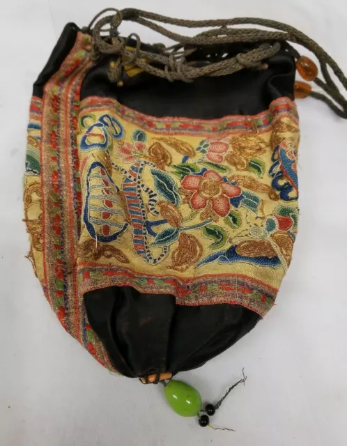 Antique Chinese Embroidered Forbidden Stitch SIlk Robe Panel Floral