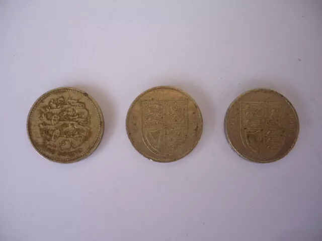 Old £1-One Pound GB Coins(x 3) 2002-2010-2011 Royal Arms Shield