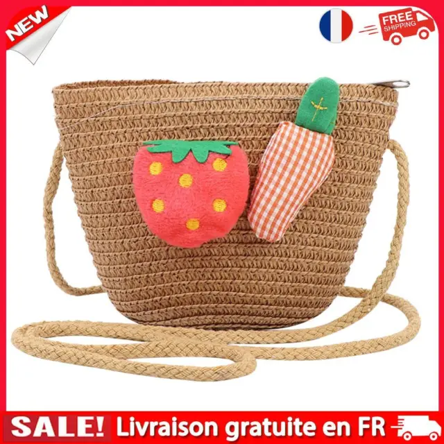 Summer Kids Girls Straw Shoulder Bag Strawberry Sun Hat Coin Purse (Khaki)