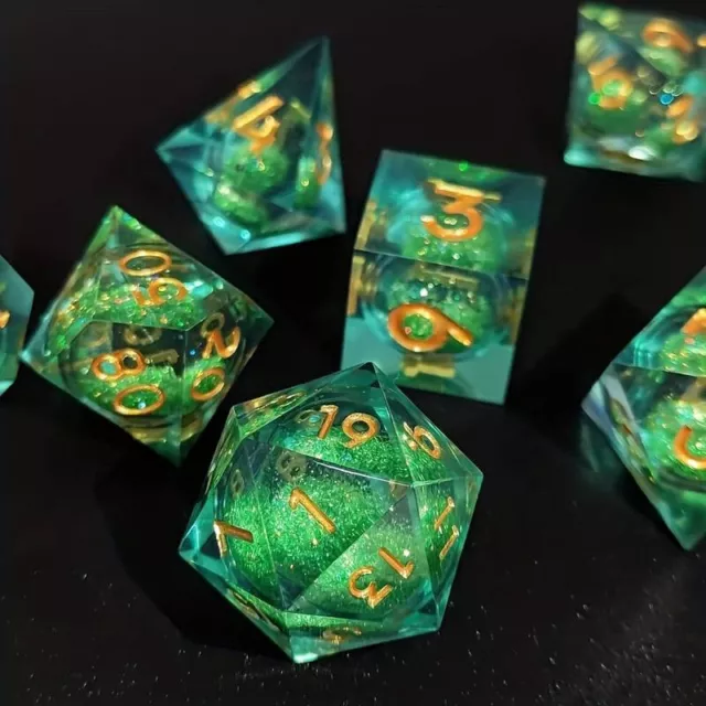 Cosmic Emerald Crystal Resin DnD Set of 7 Sharp Edge Liquid Core Dice with Metal