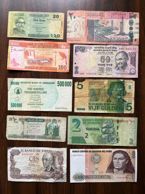 Junk Drawer Lot of 10 Mixed Foreign Banknotes Circulated PAPER MONEY