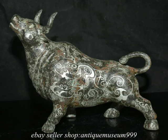 10.8" Rare Old China Silver Bronze Ware Dynasty Palace Bull Oxen OX Sculpture