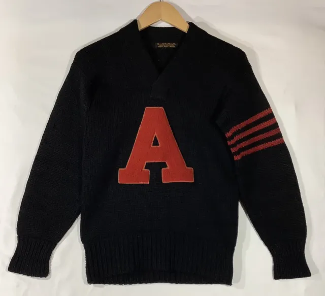 Vintage 50s Black Wool Letterman Varsity V-Neck Sweater Chenille "A" Patch Med