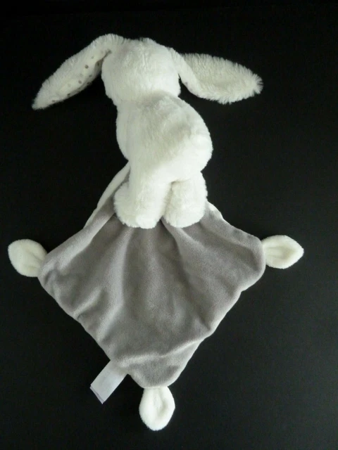 C. Doudou Peluche Pommette Lapin Blanc Mouchoir Gris Pois Bebe - Etat Neuf 3
