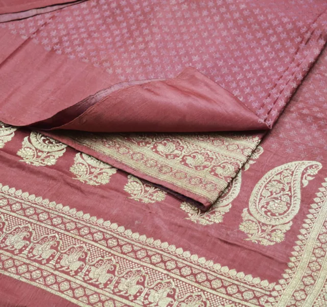 Vintage Pink Heavy Saree Pure Satin Silk Woven Banarasi Brocade Indian Sari 5yd
