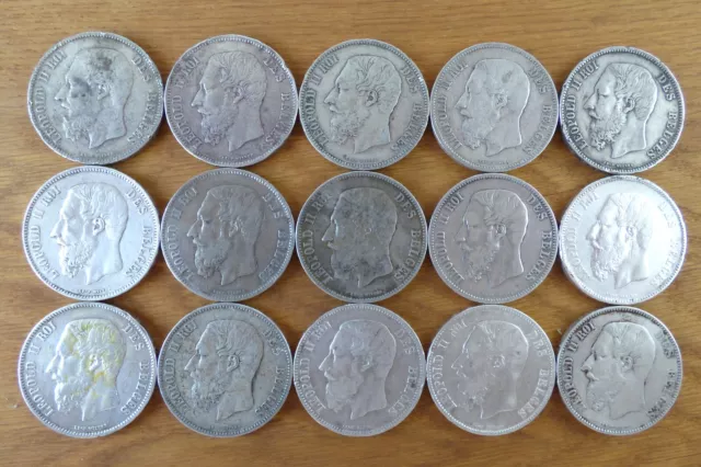 Super Anlagelot, 15 x 5 Francs, Leopold II, Silber, Belgien (4177)