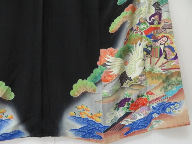 2213T03z720 Antique Japanese Kimono Silk TOMESODE Crane Black 6