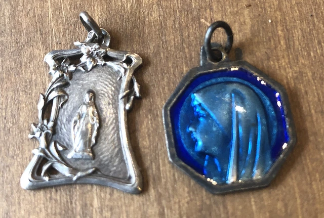Pendentif Ancien Médaille Religieuse En Argent Massif 925 - Vierge Avec émaux Bleus - Occasion