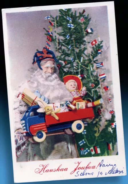 ALTE WEIHNACHTS GRUSSKARTE AK 1950er NIKOLAUS SANTA CLAUS POSTKARTE HOLZ LKW