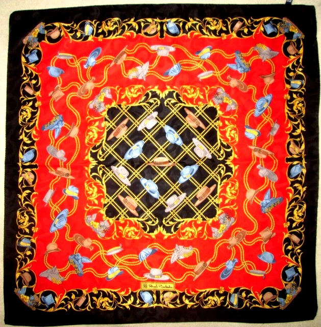 Foulard En Soie RENATO BALESTRA Vintage – Dimensions 86x89 Cm, Bord Bleu Nuit, Occasion Élégante
