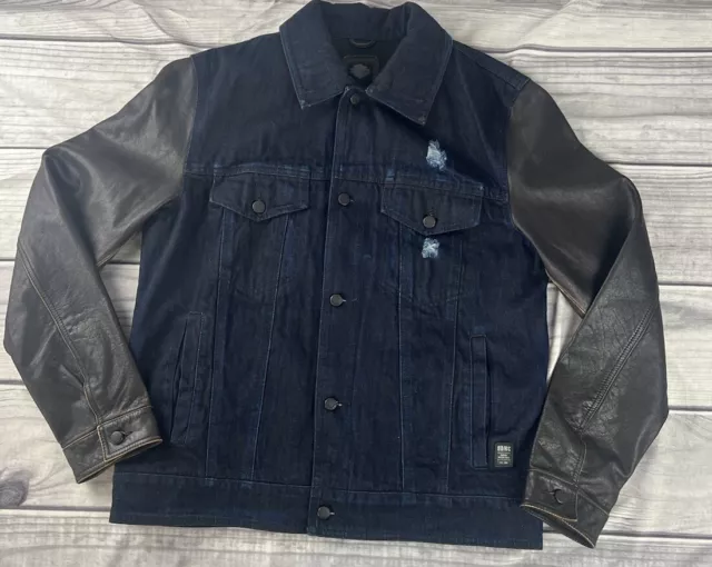 Harley Davidson Buffalohide Leather Sleeved Denim Jacket Mens Large Button