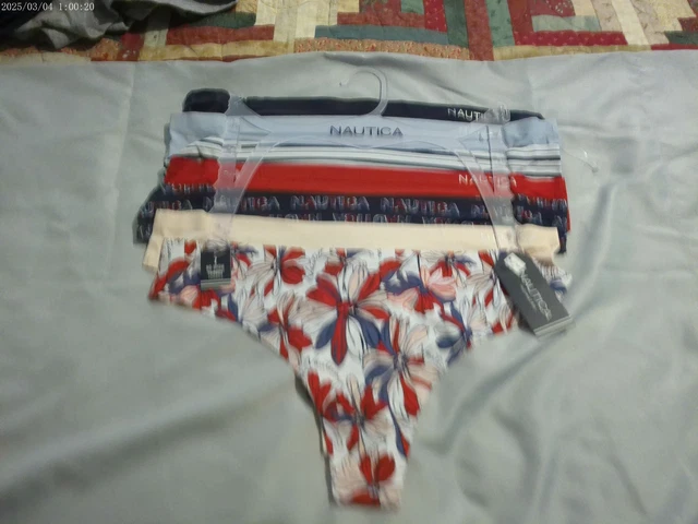 5 PAIR-RED/NAVY/BLUE/PINK/STRIPE NAUTICA 3504 Thong Panties *NEW* Size ...