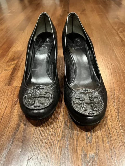 Tory Burch Black Leather Sally Tumbled Wedge Pumps Size 10 3