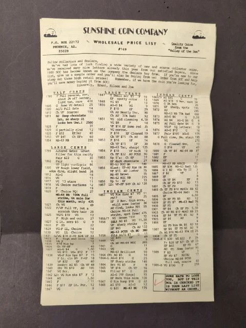 1995 Sunshine Coin Company Phoenix Arizona Mail Order Coin Price List