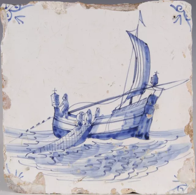 Nice Dutch Delft Blue tile, fisherman on a sailboat, 17th century.