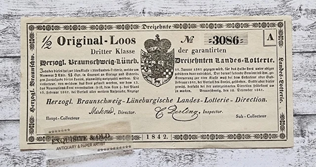 1842 1/2 originale Loos Braunschweig Lüneburg Landes lotteria gioco d'azzardo antico