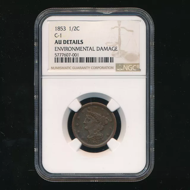 1853 Braided Hair Half Cent 1/2C ~ Ngc Au Details ~ Enviromental Dmg ~ Free S/H