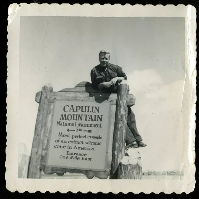 Vintage Photo MAN SITS ATOP CAPULIN MOUNTAIN NAT'L MONUMENT SIGN NM 1950's