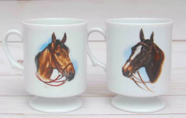 Vintage Pair 2 Horse Equine Portrait Pedestal Coffee Cup Mug Signed Swan