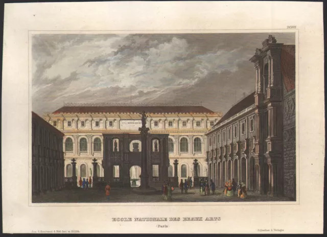1839 Gravure aquarellée Vue de l'école nationale des Beaux-Arts Paris