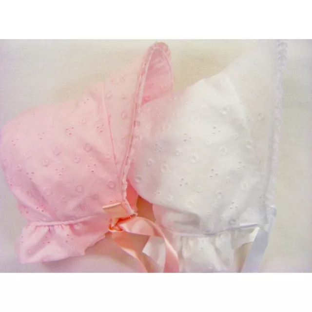 Baby Girls Bonnet  Sun Hat Pretty White Pink Cotton Lace Wide Brim With Ties