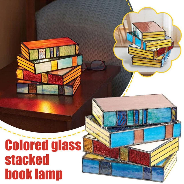 STAINED GLASS STACKED Books Lamp Reading Nook Lighting Vintage Night