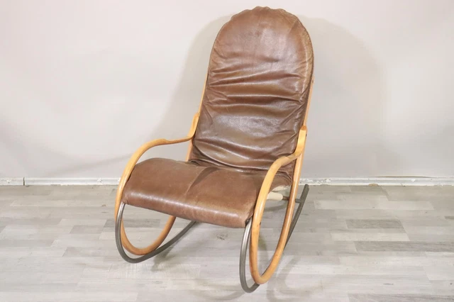 Schaukelstuhl Sessel Holz Lederbezug Nonna Paul Tuttle für Strässle (MÖ586)