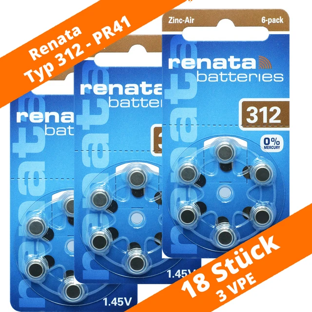 18 x Renata tipo 312 PR41 baterías de audífonos audífonos audífonos NUEVO marrón 3 x 6er 1,45V