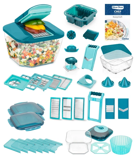 Nicer Dicer Chef Professional Deluxe - Cortador Manual De Verduras (39 Piezas, Con Recipiente De 5,2 L Y Tapa De Cristal De 2,8 L, Cortador En Espiral, Cortador De Patatas Fritas Con Fácil Limpieza