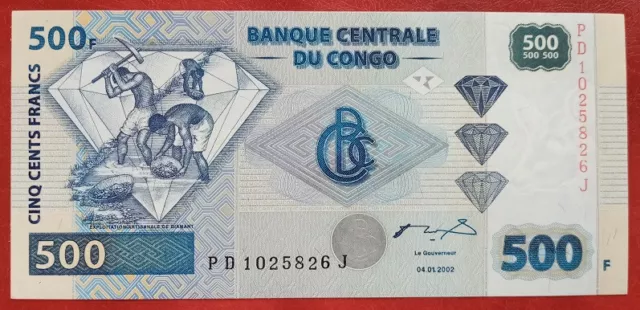 Banque centrale du Congo, billet de 500 francs de 2002. état neuf. .