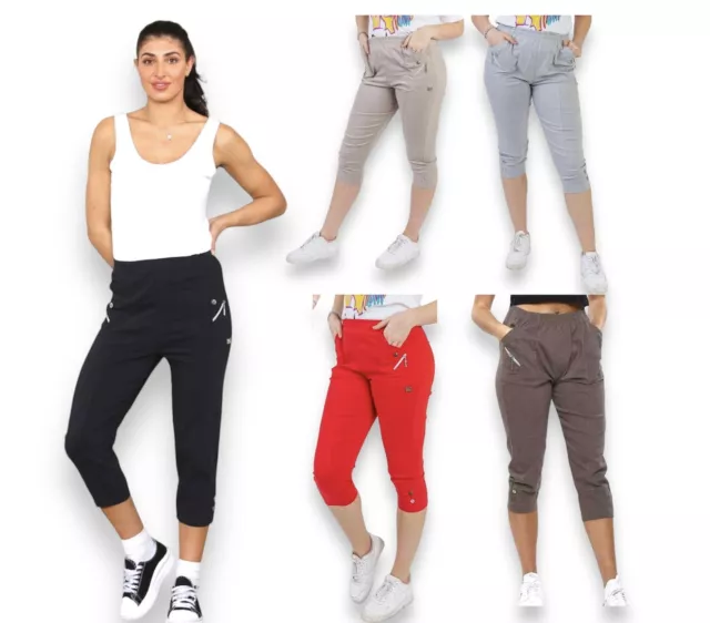 Ladies Cherry Berry Capri 3/4 Shorts Pants Cotton Casual Stretchy Long Trousers