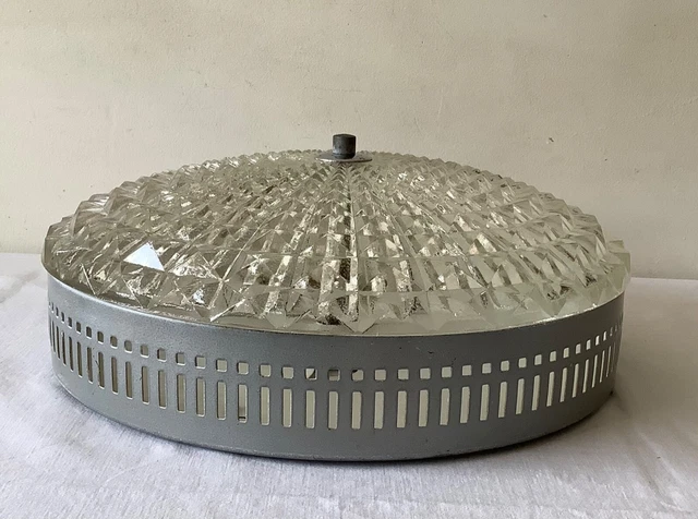 Ancien PLAFONNIER ou APPLIQUE Vintage en VERRE MOULÉ & METAL ARGENTÉ 12