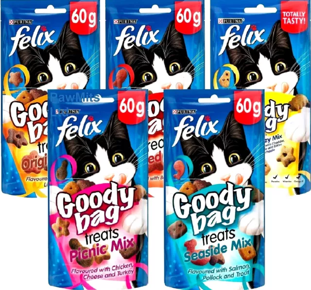 8 x FELIX GOODY BAGS 60G meat fish cheese cat food treats bp pet biscuits snacks