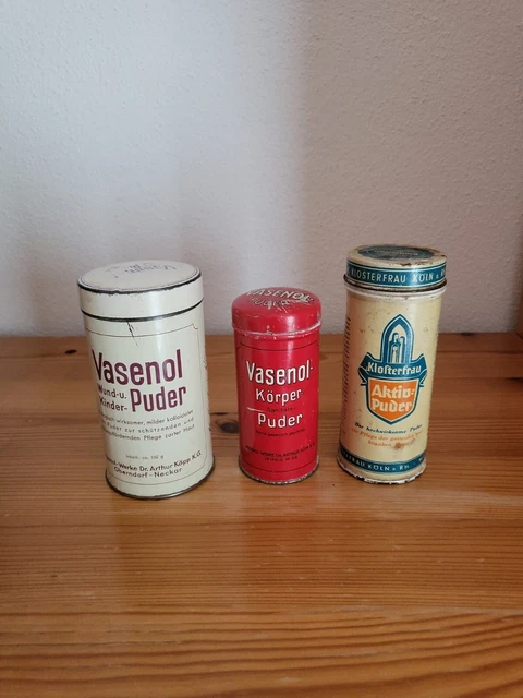 3 antike Blechdosen Puder Apotheke Drogerie Ausstattung Klosterfrau Vasenol
