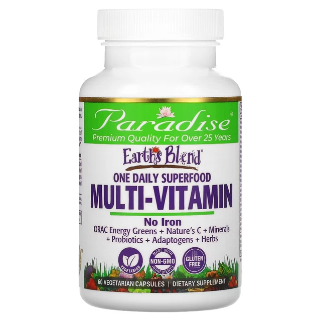 PARADISE HERBS EARTH'S Blend, MultiVitamin, NO IRON, 60 Caps, Expiry