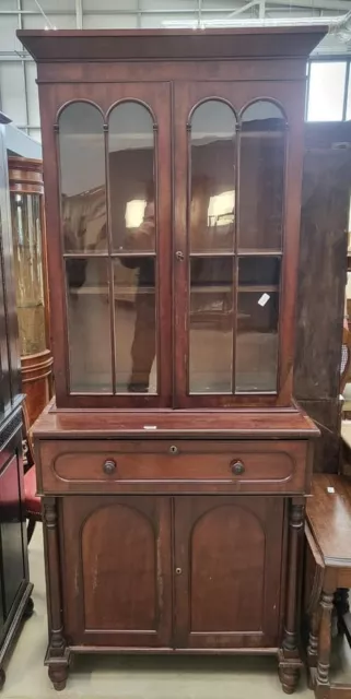 Antique Victorian mahogany small glazed secretaire bookcase cabinet  cupboard