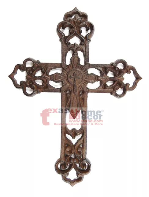 Fleur De Lis Decorative Wall Cross Layered Style Scrolls Rustic Cast Iron 11x8"