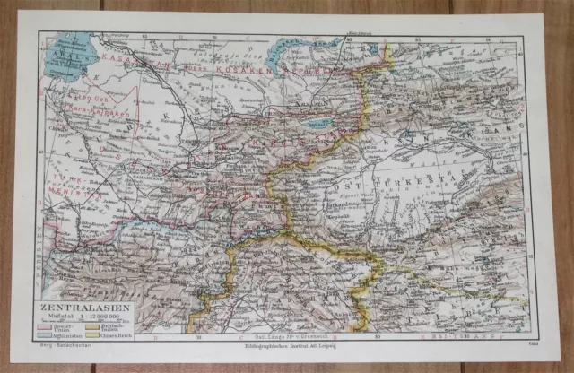 1936 Original Vintage Map Central Asia Uzbekistan Afghanistan Kashmir China