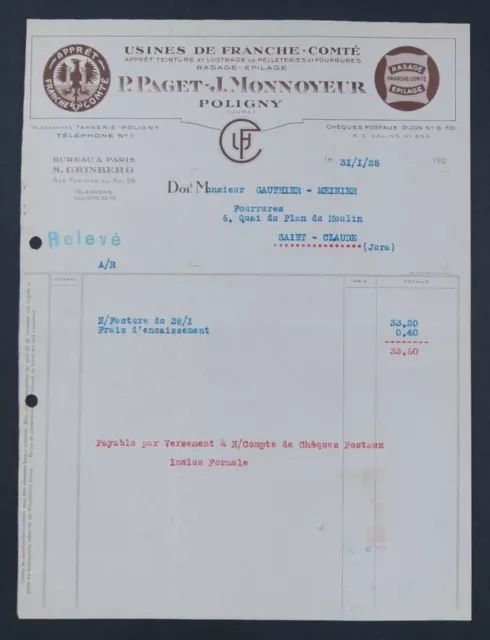 Facture Usine de Franche Comté PAGET Monnoyeur POLIGNY 1928 old bill Rechnung 14