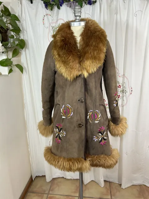 Vtg 70s Penny Lane Real Sheepskin Afghan Coat Embroidered Almost Famous sz 4/XS