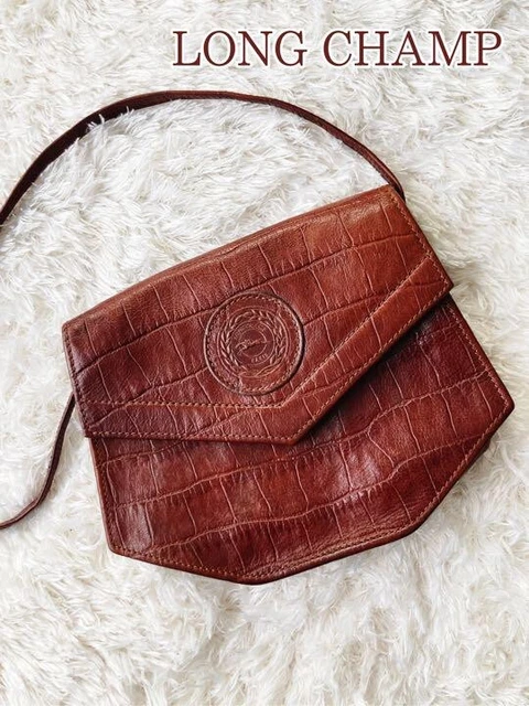 Authentic Longchamp Embossed Leather mini Shoulder Bag Brown Made in France