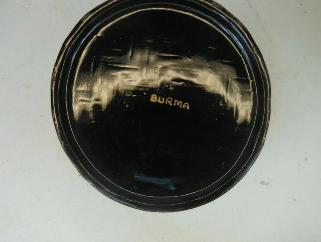 Burmese Round Lacquered Box Black Gold Gilt Lacquer Singha Lion Motif 6