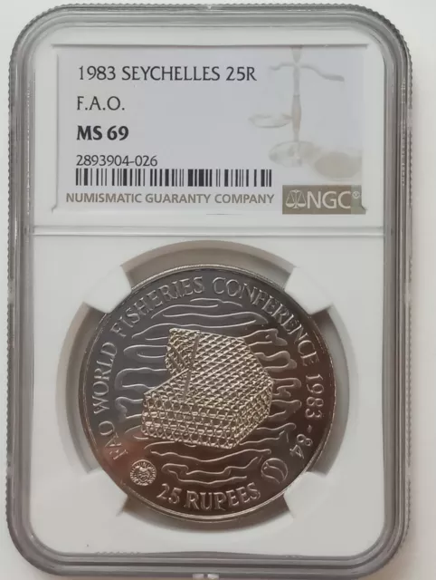 1983 Seychelles 25 rupees FAO Fisheries coin NGC MS 69 Top  Rated!