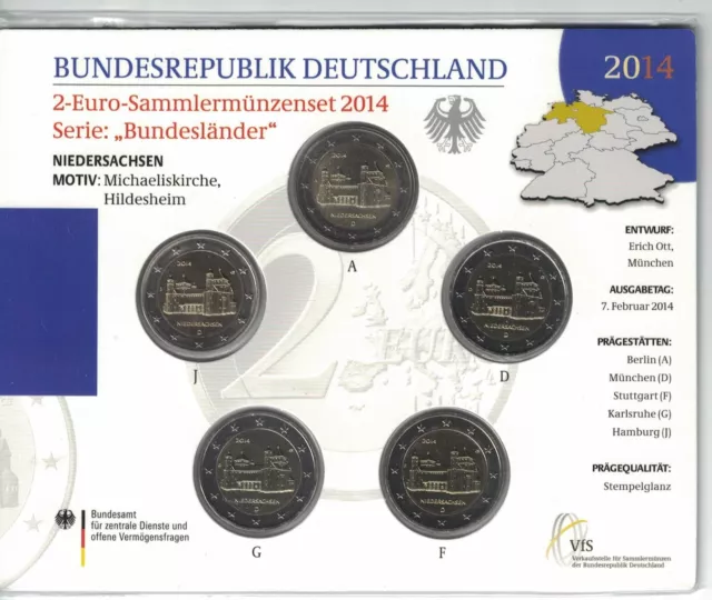 BRD 2 Euro Sammlermünzenset 2014 Niedersachsen ADFGJ ganzer Satz Stempelglanz