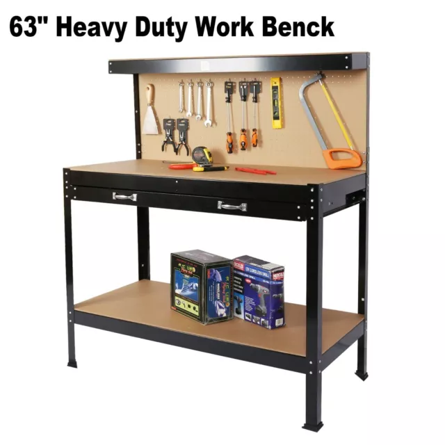 63" Workshop Table Work Bench Garage Steel Tool Storage Drawers Shelves PegBoard