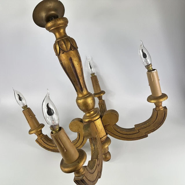 Vintage French 3 Arm Ornate Gold Colour Wood Chandelier Ceiling Light